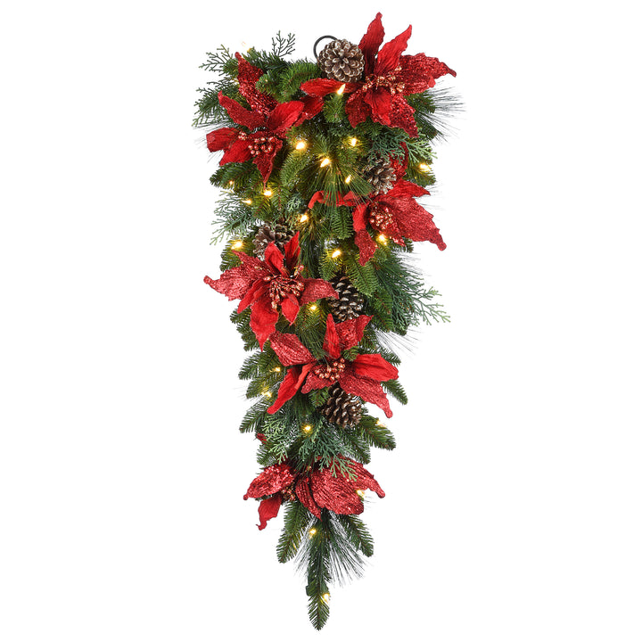 National Tree Company Pre-Lit Artificial Christmas Teardrop, Green, Evergreen, White Lights, Decorated with Pine Cones, Poinsettia Flowers, Christmas Collection, 36 Inches
