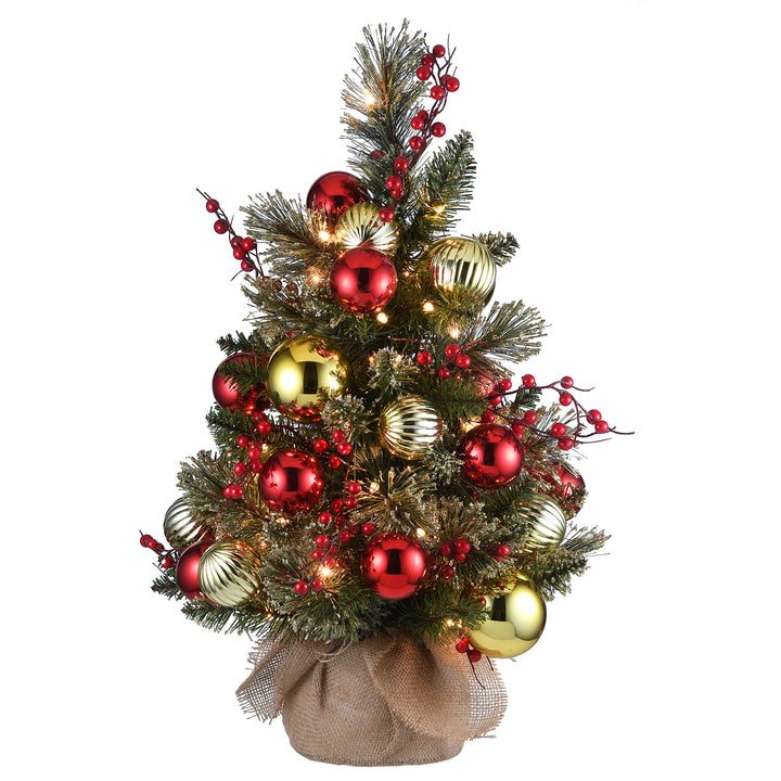 Pre-Lit Artificial Christmas Tree, Green, Dakota Pine, White LED Lights, Decorated with Berry Clusters, Ball Ornaments, Includes Cloth Bag Base, Battery Operated, 24 Inches