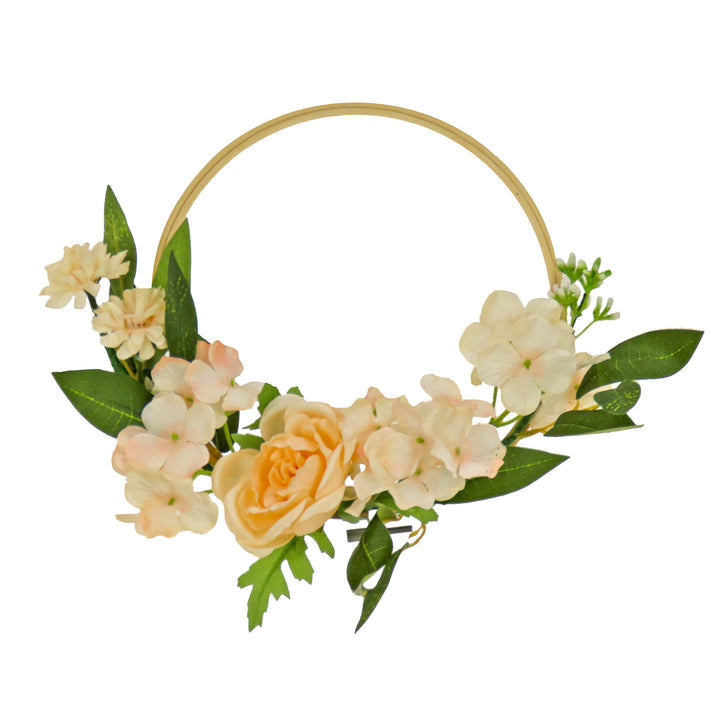 Artificial Wreath Decoration, Pink, Hoop Ring Base, Decorated with Rose and Hydrangea Blooms, Flowing Green Stems, Spring Collection, 12 Inches