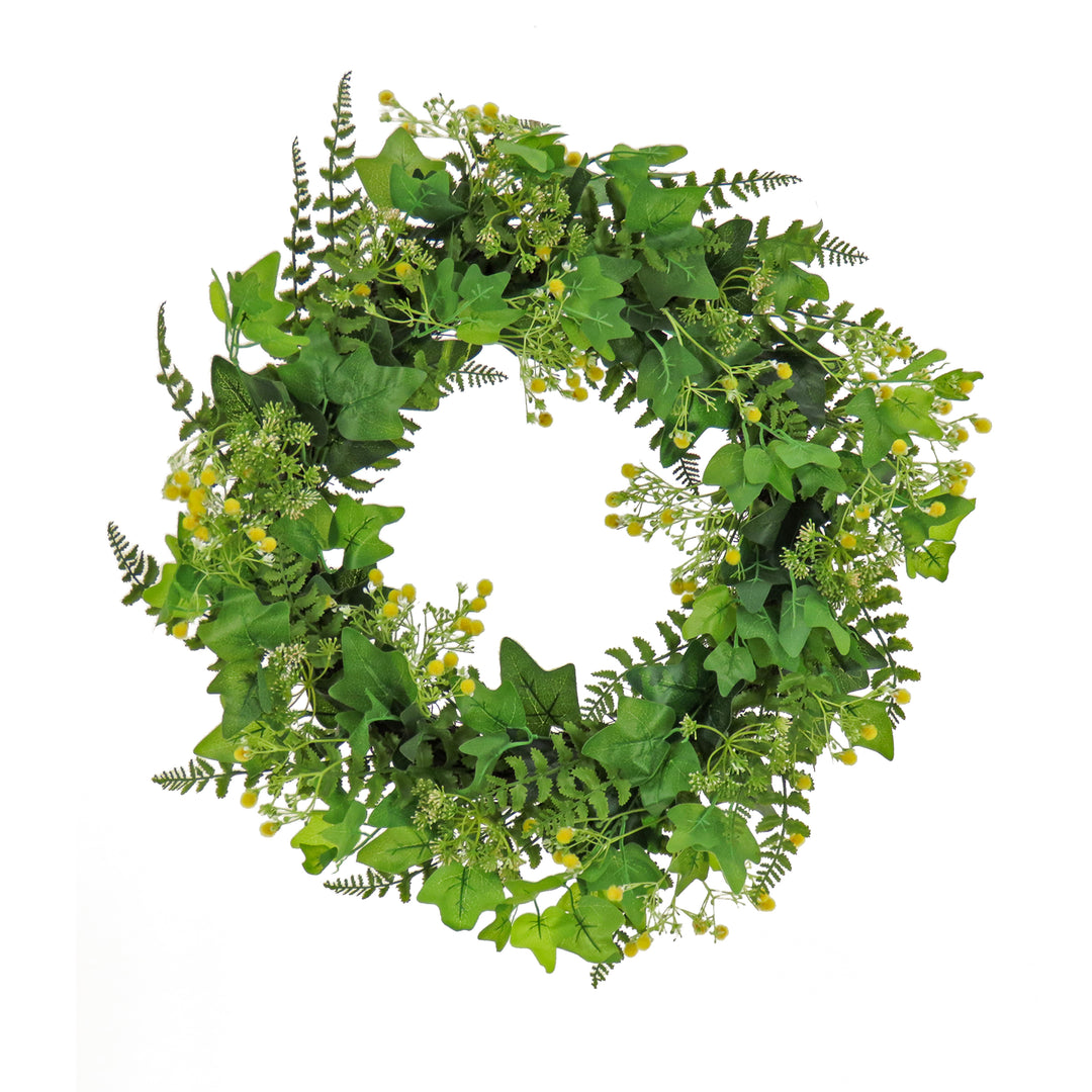 Artificial Wreath Decoration, Green, Woven Branch Base, Decorated with Ivy and Fern Leaves, Seed Pods, Flowing Green Stems, Spring Collection, 24 Inches