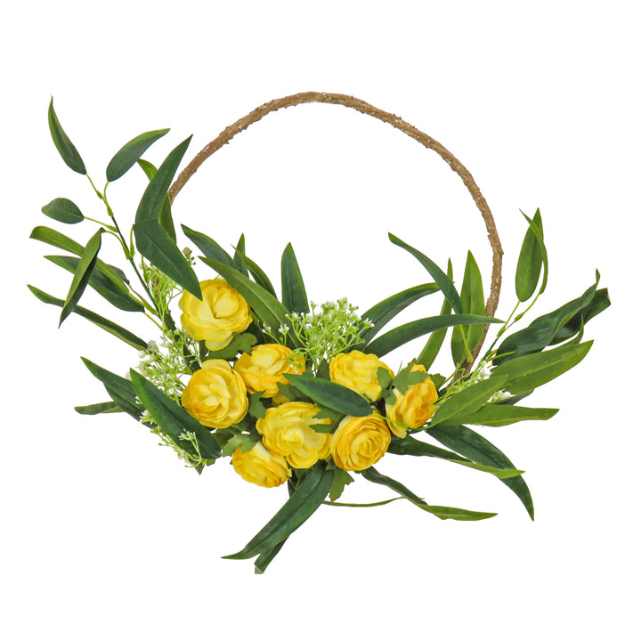 Artificial Wreath Decoration, Yellow, Thick Stem Base, Decorated with Buttercup Blooms, Baby's Breath, Flowing Green Stems, Spring Collection, 16 Inches