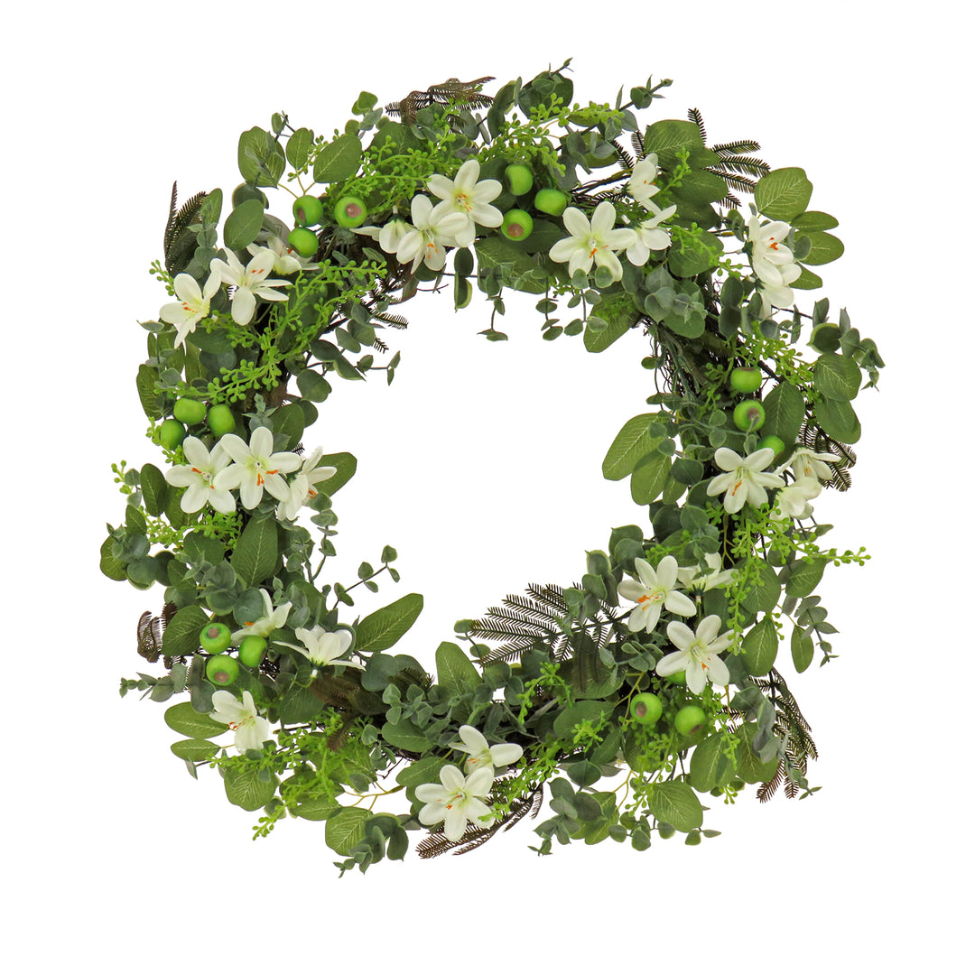 Artificial Wreath Decoration, Green, Woven Branch Base, Decorated with Mixed Flower Blooms, Flowing Green Stems, Spring Collection, 24 Inches