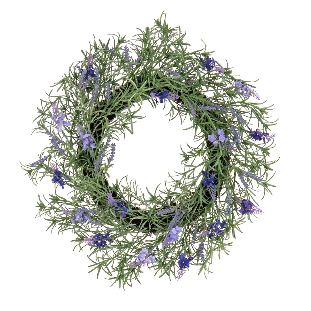 Artificial Wreath Decoration, Purple, Woven Branch Base, Decorated with Lavender, Rosemary, Flowing Green Stems, Spring Collection, 19 Inches