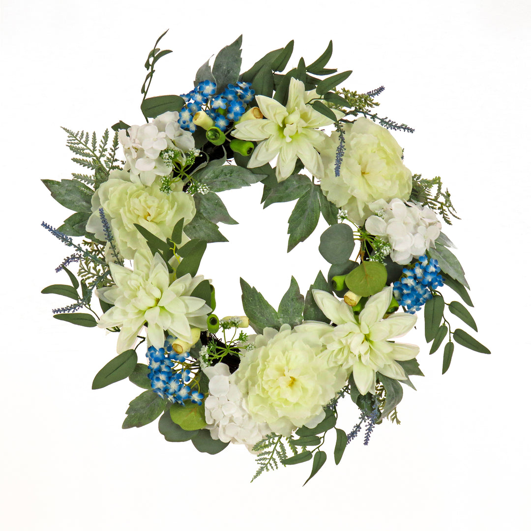 Artificial Wreath Decoration, Blue, Woven Branch Base, Decorated with Dahlia, Peony and Hydrangea Blooms, Seed Pods, Flowing Green Stems, Spring Collection, 24 Inches