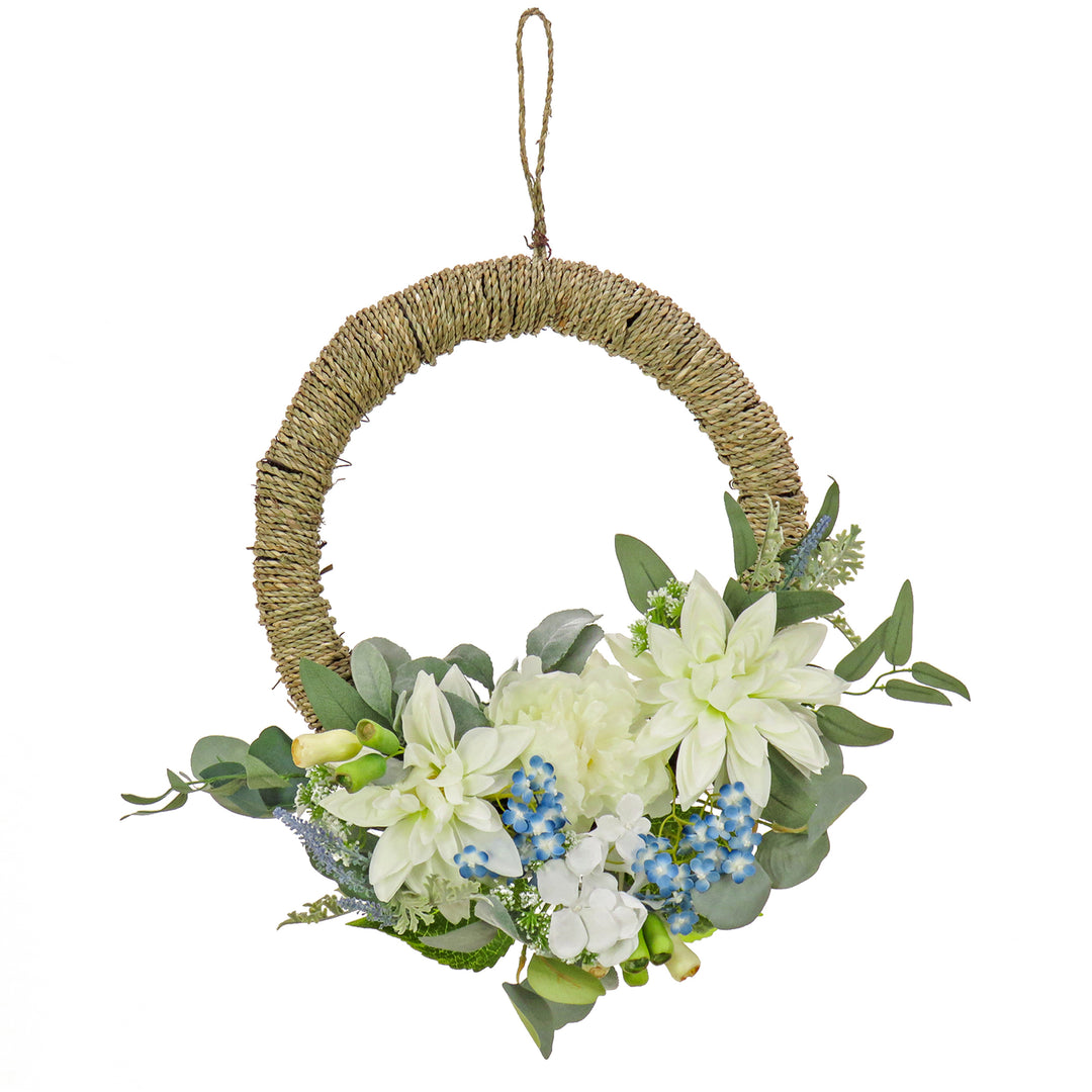 Artificial Wreath Decoration, Blue, Woven Hoop Ring Base, Decorated with Dahlia, Peony and Hydrangea Blooms, Seed Pods, Flowing Green Stems, Spring Collection, 20 Inches