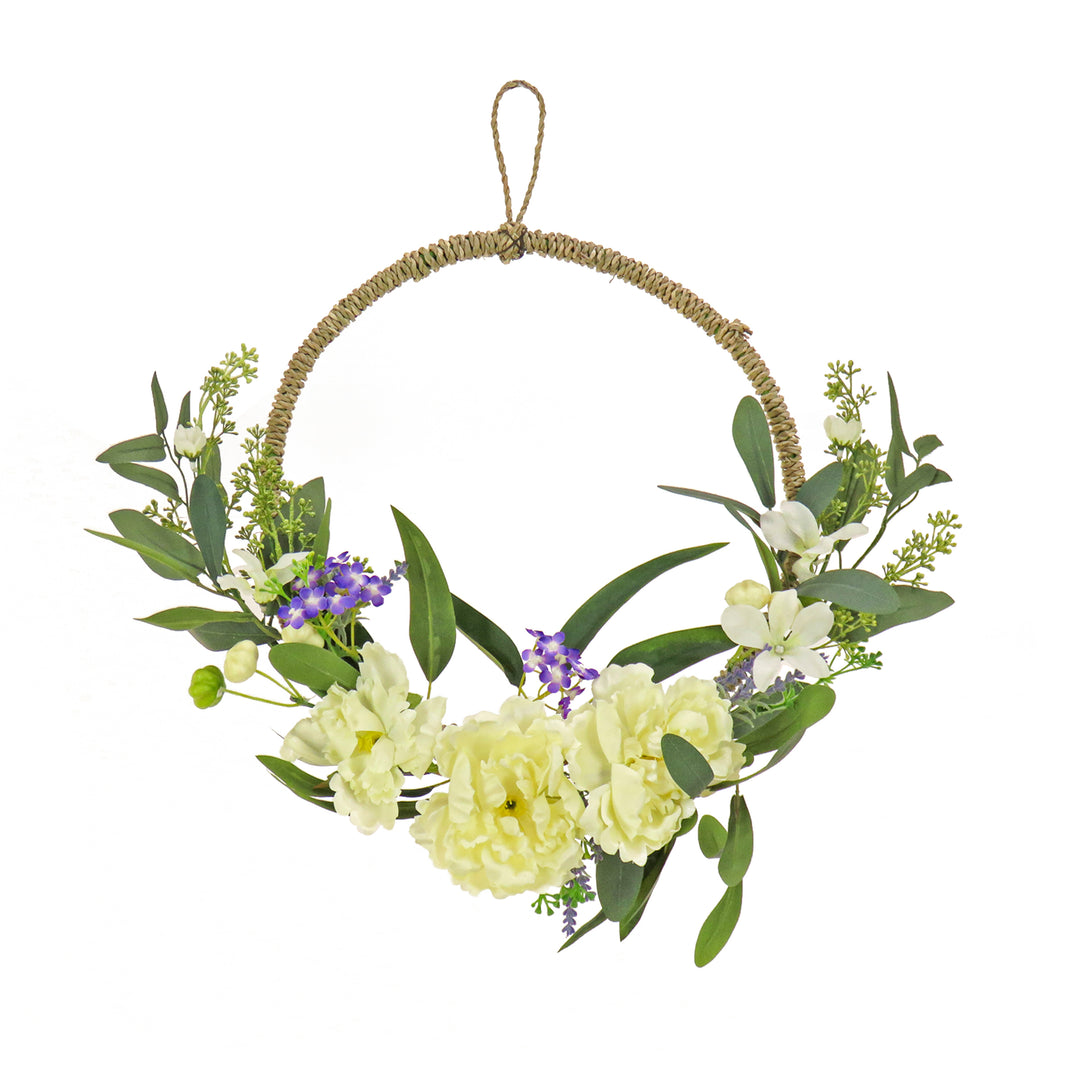 Artificial Wreath Decoration, Cream, Woven Hoop Ring Base, Decorated with Peony Flower Blooms, Mini Blossoms, Seed Pods, Flowing Green Stems, Spring Collection, 18 Inches