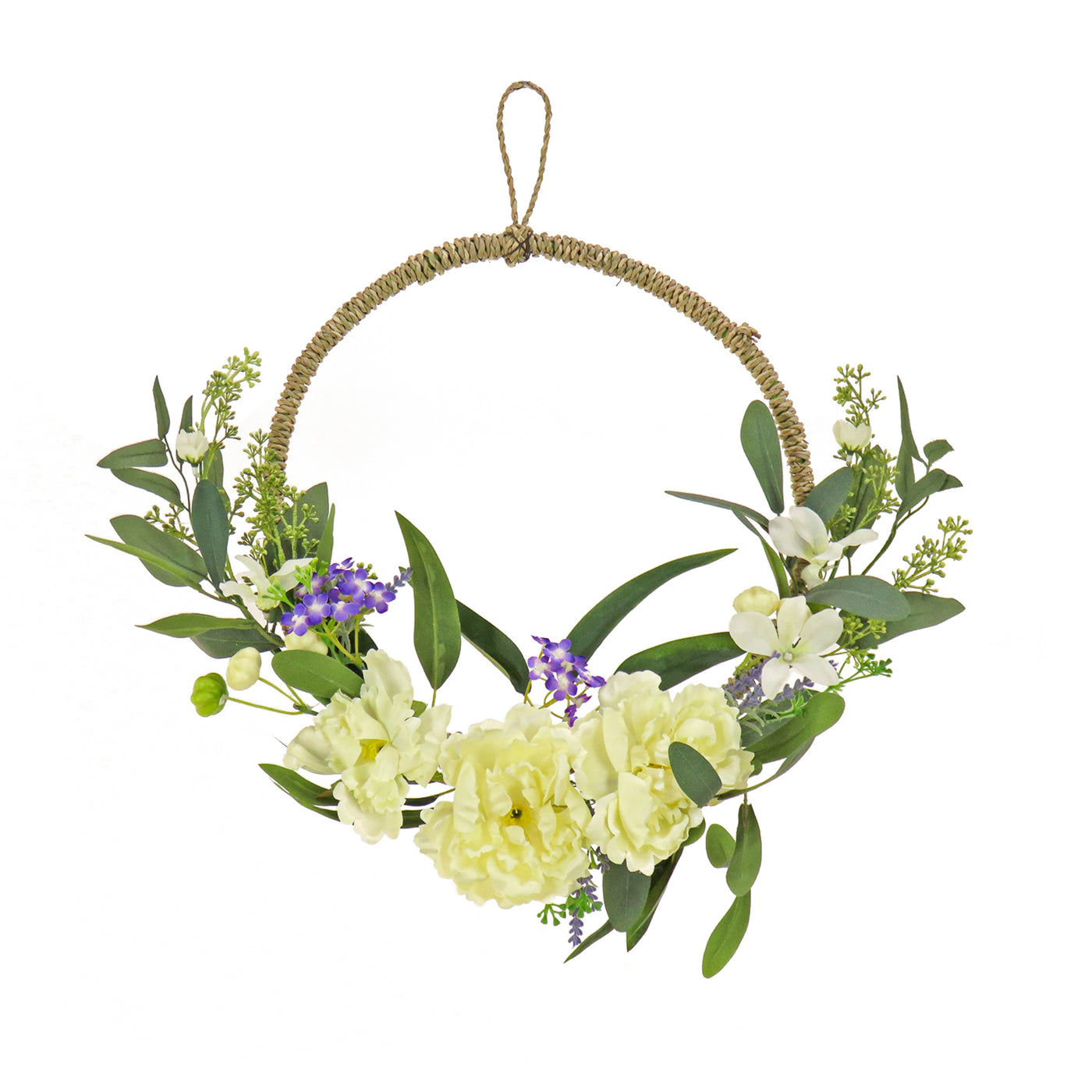 18 in. Spring Hoop Wreath with Peony Flower Blooms, Mini Blossoms, Seed Pods, Flowing Green Stems - National Tree Company