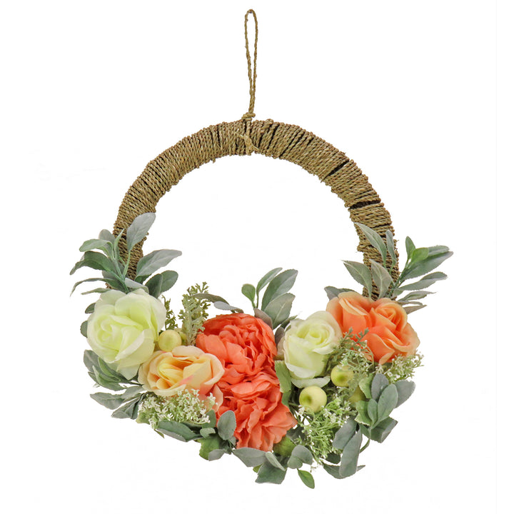 Artificial Wreath Decoration, Pink, Woven Hoop Ring Base, Decorated with Peony, Rose and Lamb's Ear Flower Blooms, Seed Pods, Flowing Green Stems, Spring Collection, 20 Inches