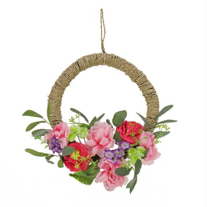 Artificial Wreath Decoration, Pink, Woven Hoop Ring Base, Decorated with Peony, Rose and Globe Flower Blooms, Seed Pods, Flowing Green Stems, Spring Collection, 16 Inches