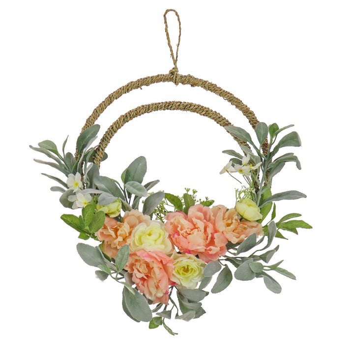 Artificial Wreath Decoration, Pink, Woven Hoop Ring Base, Decorated with Peony, Rose and Lamb's Ear Flower Blooms, Seed Pods, Flowing Green Stems, Spring Collection, 18 Inches