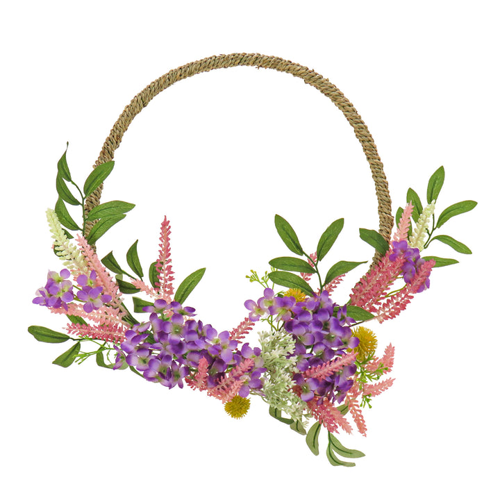 Artificial Wreath Decoration, Purple, Woven Hoop Ring Base, Decorated with Lavender, Mini Blossoms, Flowing Green Stems, Spring Collection, 16 Inches