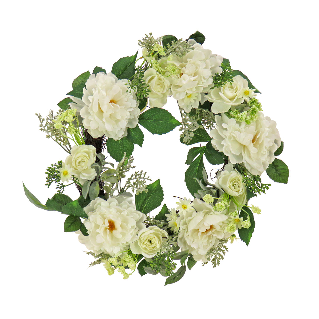Artificial Wreath Decoration, Cream, Woven Branch Base, Decorated with Daisy, Peony and Buttercup Flower Blooms, Pink Seed Pods, Flowing Green Stems, Spring Collection, 22 Inches