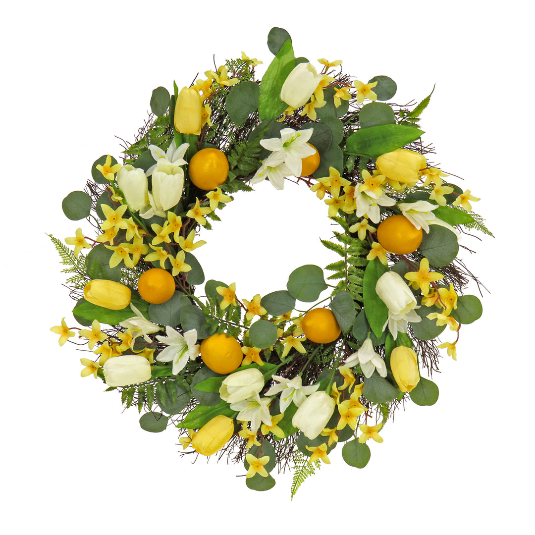 Artificial Wreath Decoration, Yellow, Woven Branch Base, Decorated with Tulip Blooms, Lemons, Flower Blossoms, Flowing Green Stems, Spring Collection, 22 Inches