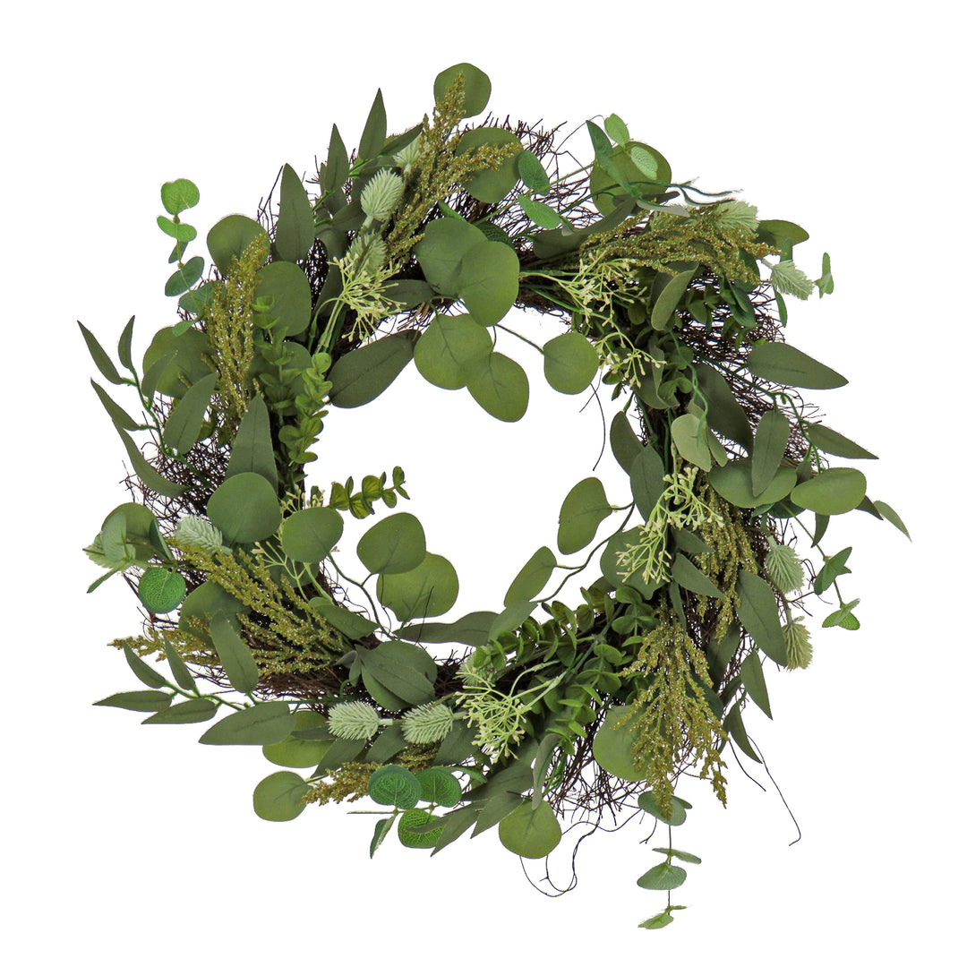 Artificial Wreath Decoration, Green, Woven Branch Base, Decorated with Eucalyptus Leaves, Baby's Breath, Flowing Green Stems, Spring Collection, 22 Inches
