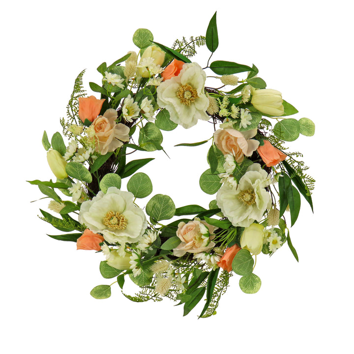 Artificial Wreath Decoration, Pink, Woven Branch Base, Decorated with Tulip Blooms, Poppies, Buttercup Blossoms, Flowing Green Stems, Spring Collection, 22 Inches