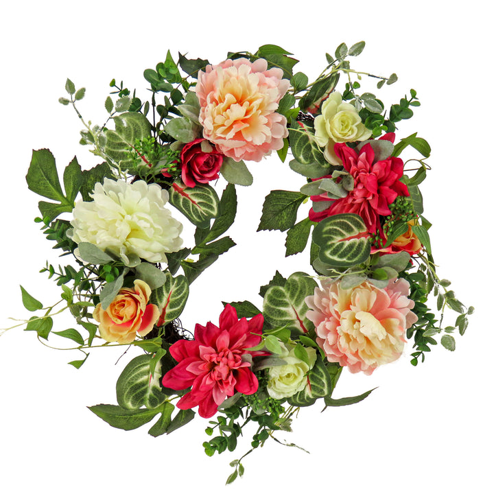 Artificial Wreath Decoration, Pink, Woven Branch Base, Decorated with Mixed Flower Blooms, Flowing Green Stems, Spring Collection, 22 Inches
