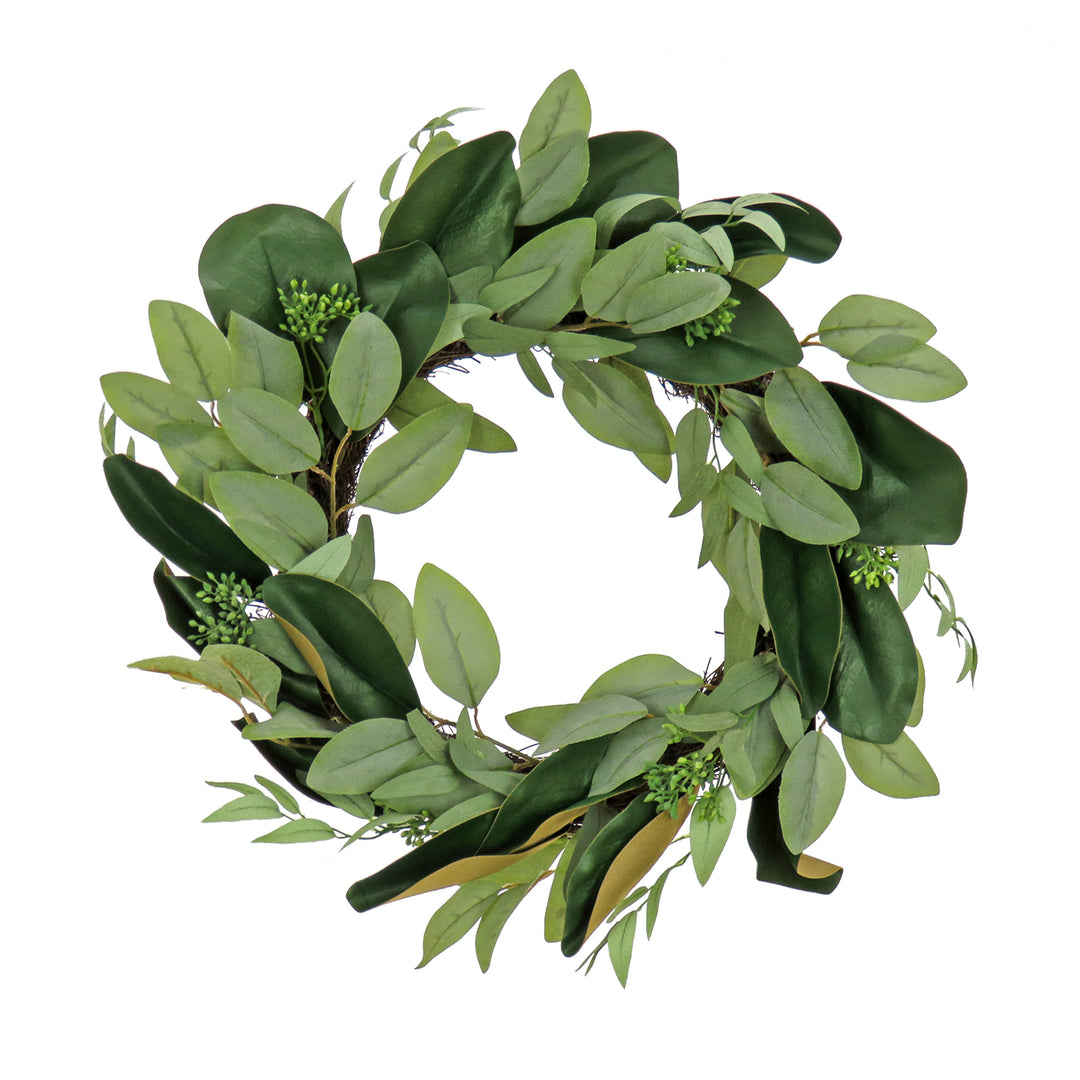 Artificial Wreath Decoration, Green, Woven Branch Base, Decorated with Eucalyptus Leaves, Magnolia Blooms, Flowing Green Stems, Spring Collection, 22 Inches
