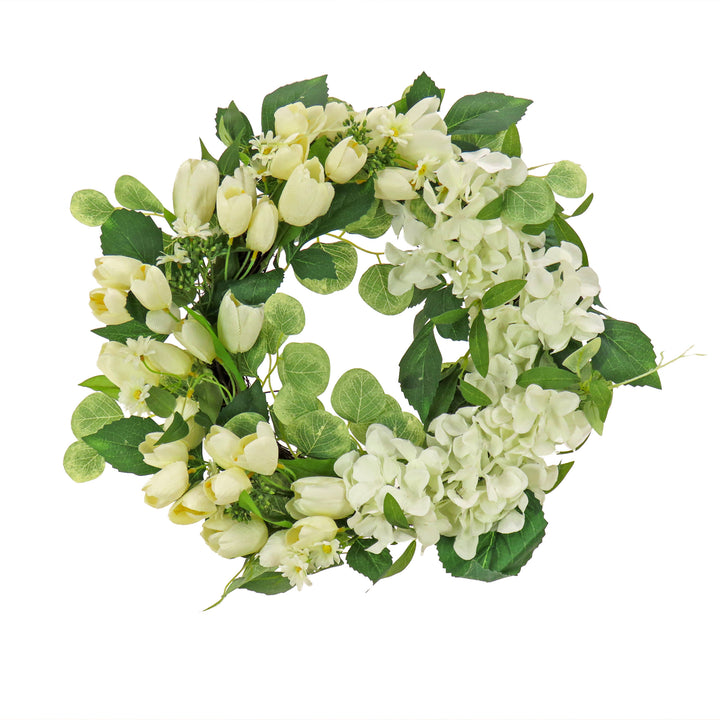 Artificial Wreath Decoration, Cream, Woven Branch Base, Decorated with Tulip and Buttercup Blooms, Seed Pods, Flowing Green Stems, Spring Collection, 22 Inches