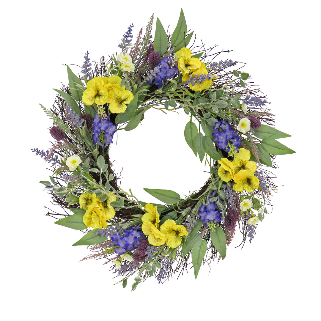 Artificial Wreath Decoration, Yellow, Woven Branch Base, Decorated with Pansy Blooms, Lavender, Assorted Blossoms, Flowing Green Stems, Spring Collection, 22 Inches