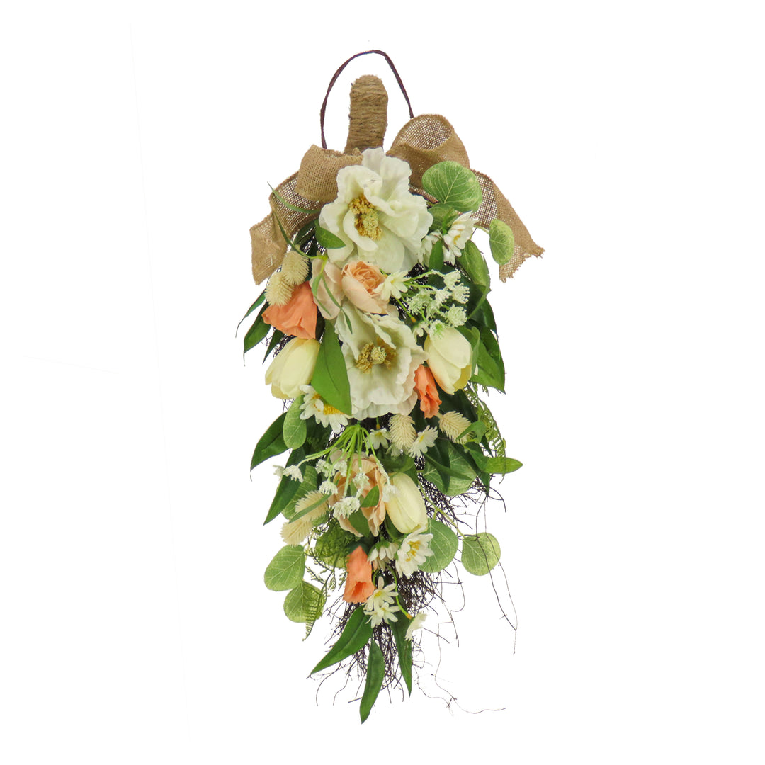 Artificial Teardrop Wall Hanging Decoration, Pink, Woven Branch Base, Decorated with Tulip Blooms, Poppies, Buttercup Blossoms, Flowing Green Stems, Spring Collection, 26 Inches