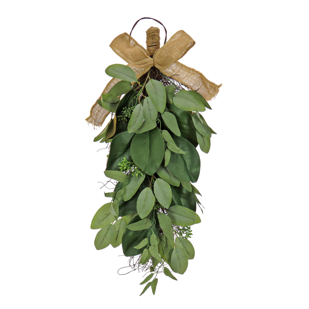 Artificial Teardrop Wall Hanging Decoration, Green, Woven Branch Base, Decorated with Eucalyptus Leaves, Magnolia Blooms, Flowing Green Stems, Spring Collection, 26 Inches
