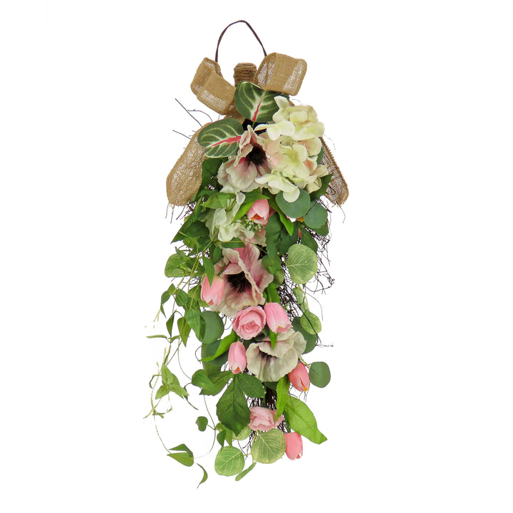 Artificial Teardrop Wall Hanging Decoration, Pink, Woven Branch Base, Decorated with Hydrangea and Tulip Blooms, Eucalyptus Leaves, Flowing Green Stems, Spring Collection, 26 Inches