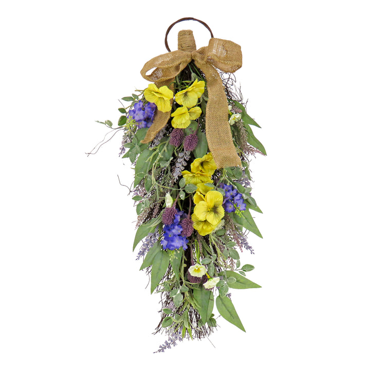 Artificial Teardrop Wall Hanging Decoration, Yellow, Woven Branch Base, Decorated with Pansy Blooms, Lavender, Assorted Blossoms, Flowing Green Stems, Spring Collection, 26 Inches
