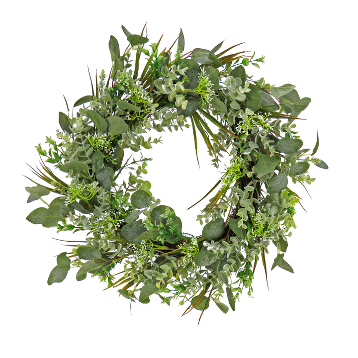 Artificial Wreath Decoration, Green, Woven Branch Base, Decorated with Eucalyptus Leaves, Flowing Green Stems, Spring Collection, 22 Inches