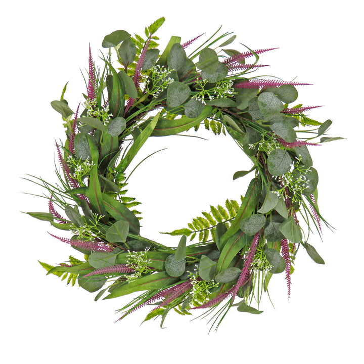 Artificial Wreath Decoration, Green, Woven Branch Base, Decorated with Eucalyptus Leaves, Lavender, Flowing Green Stems, Spring Collection, 22 Inches