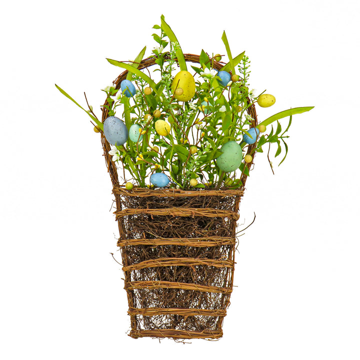 Artificial Hanging Wall Basket, Woven Branch Base, Decorated with Pastel Eggs, Spring Flowers, Leafy Greens, Spring Collection, 18 Inches