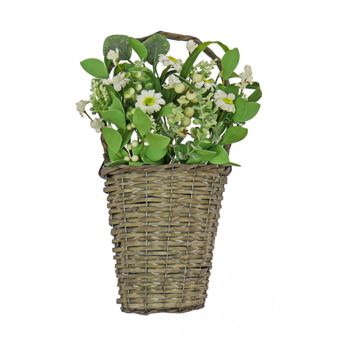 Artificial Hanging Wall Basket, Woven Branch Base, Decorated with Daisy Flowers, Berries, Leafy Greens, Spring Collection, 18 Inches
