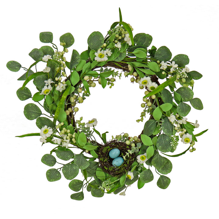 Artificial Spring Wreath, Woven Branch Base, Decorated with Spring Blooms, Berries, Bird's Nest with Pastel Eggs, Spring Collection, 20 Inches