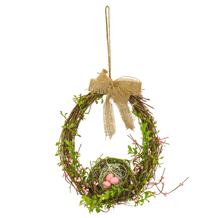Artificial Bird's Nest Hanging Wall Decoration, Woven Branch Base, Decorated with Leafy Greens, Bird's Nest with Pastel Eggs, Burlap Bow, Includes Hanging Loop, Spring Collection, 11 Inches