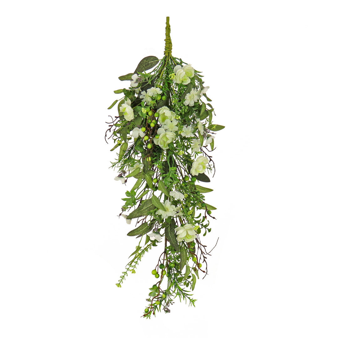 Artificial Spring Teardrop Hanging Decoration, Vine Stem Base, Decorated with Flower Blooms, Berries, Leafy Greens, Spring Collection, 28 Inches