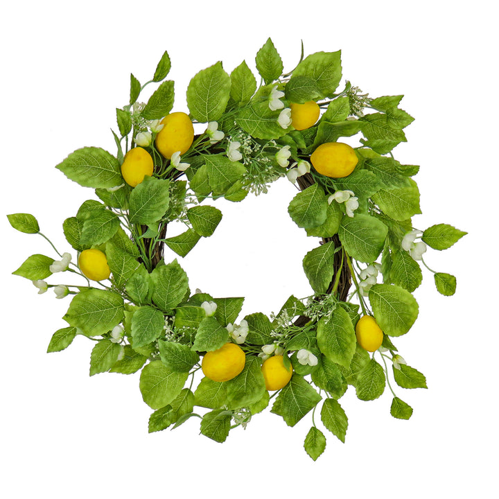 Artificial Spring Wreath, Woven Branch Base, Decorated with Lemons, Flower Blooms, Leafy Greens, Spring Collection, 22 Inches