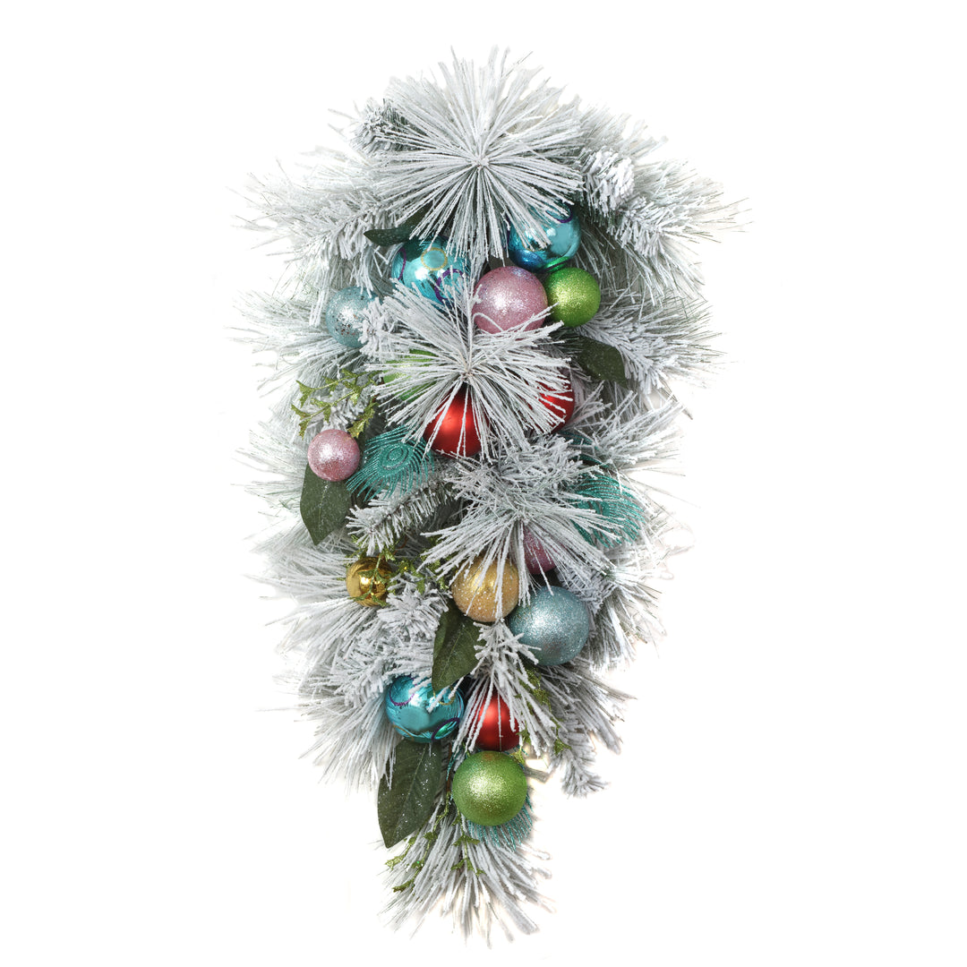 National Tree Company Snowy Pine Decorated Teardrop with Snow Covered Branches and Ball Christmas Ornaments, 33 in