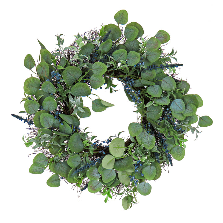 National Tree Company Artificial Spring Wreath, Woven Branch Base, Decorated with Eucalyptus Leaves, Berry Clusters, Spring Collection, 24 Inches