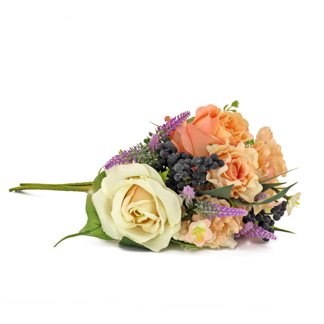 Artificial Spring Bouquet, Vine Stem Base, Decorated with Rose Blooms, Berry Clusters, Lavender, Spring Collection, 16 Inches