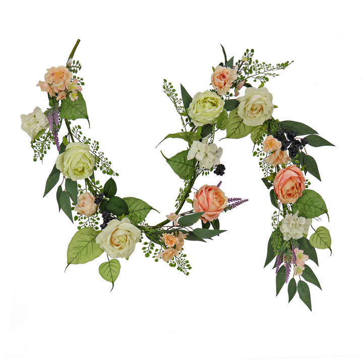 Artificial Spring Garland, Vine Stem Base, Decorated with Rose Blooms, Lavender, Berry Clusters, Leafy Greens, Spring Collection, 6 Feet
