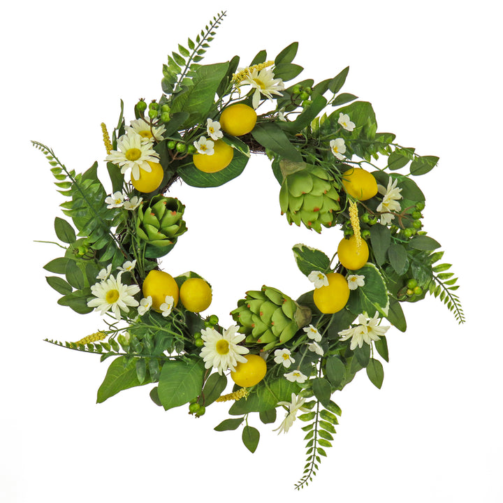 Artificial Spring Wreath, Woven Branch Base, Decorated with Lemons, Artichokes, Daisy Blooms, Leafy Greens, Spring Collection, 22 Inches