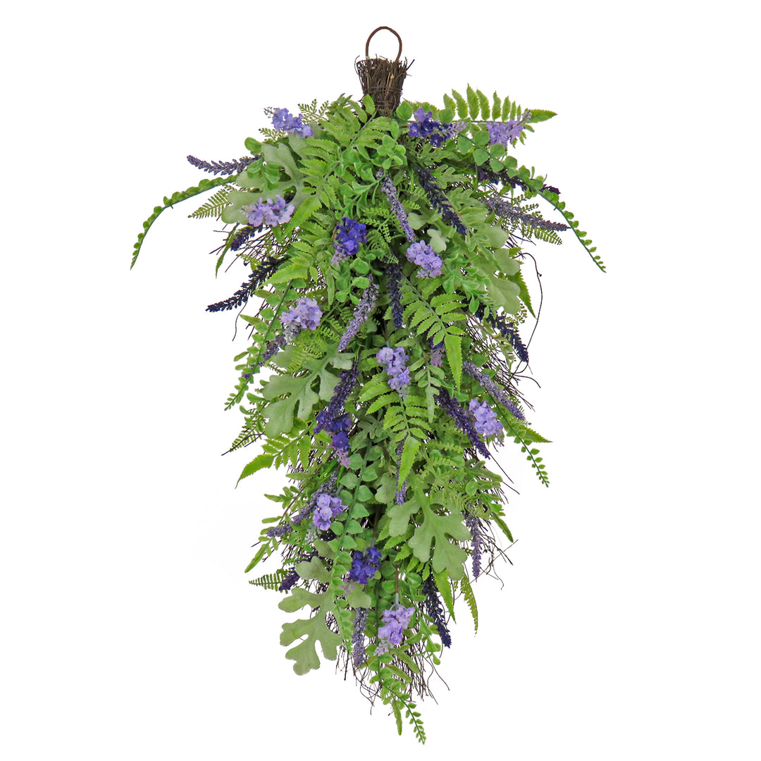 Artificial Spring Teardrop Hanging Decoration, Woven Branch Base, Decorated with Astilbe Flower Blooms, Ferns, Leafy Greens, Spring Collection, 30 Inches
