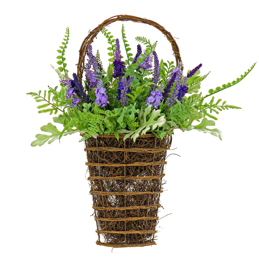 Artificial Hanging Wall Basket, Wicker Base, Decorated with Astilbe Flowers, Ferns, Leafy Greens, Spring Collection, 20 Inches