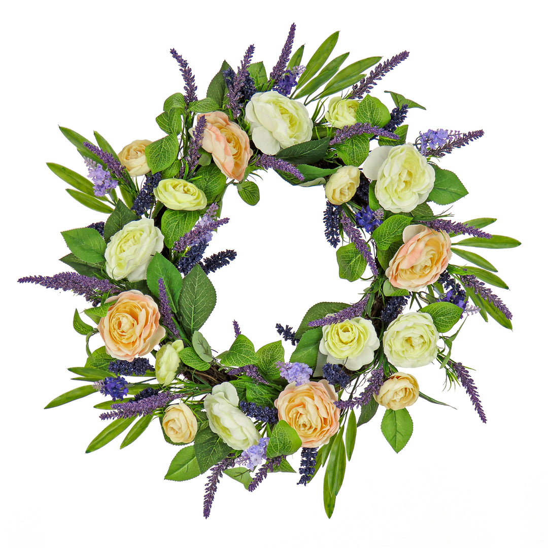 Artificial Spring Wreath, Woven Branch Base, Decorated with Ranunculus and Astilbes Flower Blooms, Leafy Greens, Spring Collection, 24 Inches