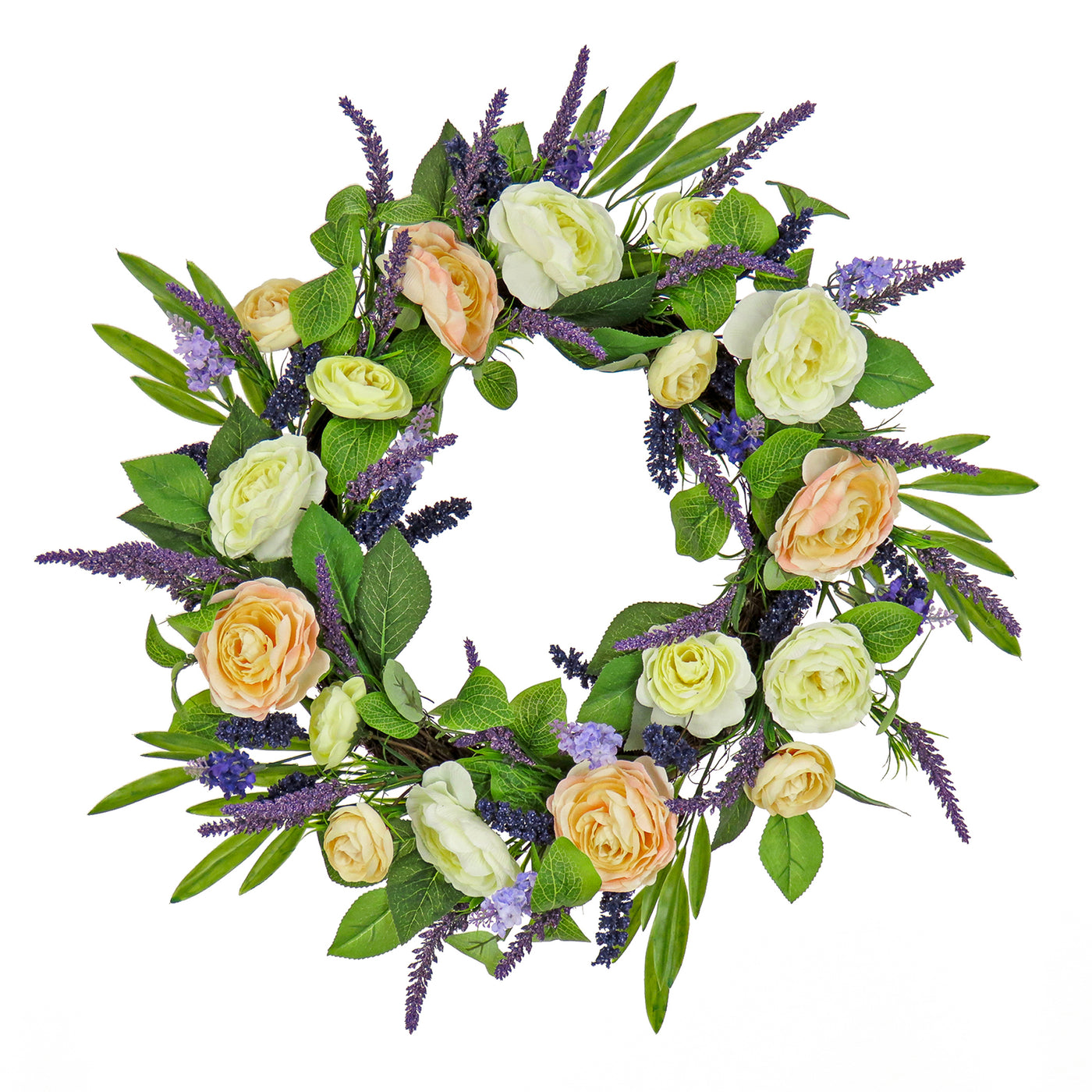 Artificial Spring Wreath, Woven Branch Base, Decorated with Ranunculus and Astilbes Flower Blooms, Leafy Greens, Spring Collection, 24 Inches - National Tree Company