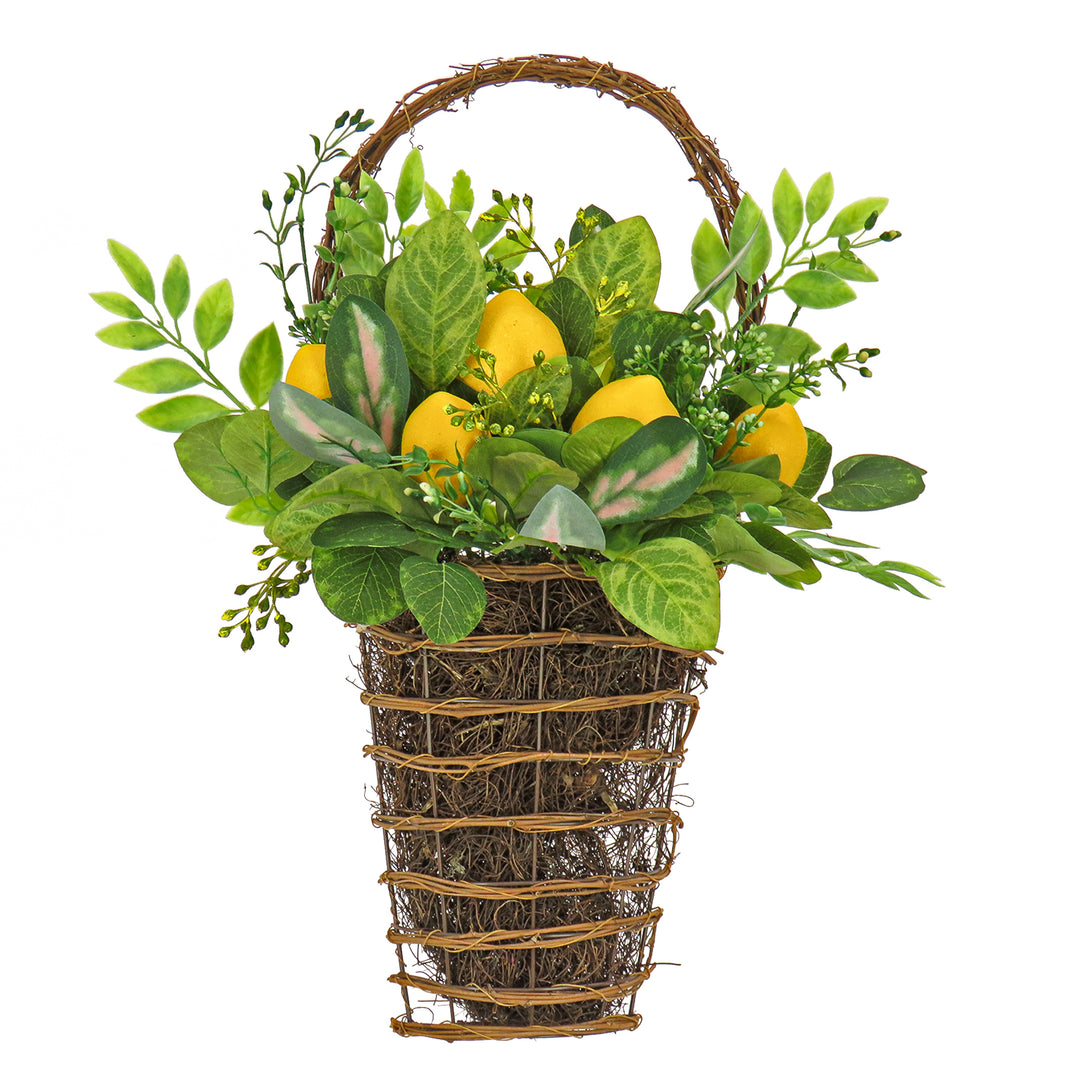 Artificial Hanging Wall Basket, Wicker Base, Decorated with Lemons, Seed Pods, Leafy Greens, Spring Collection, 21 Inches
