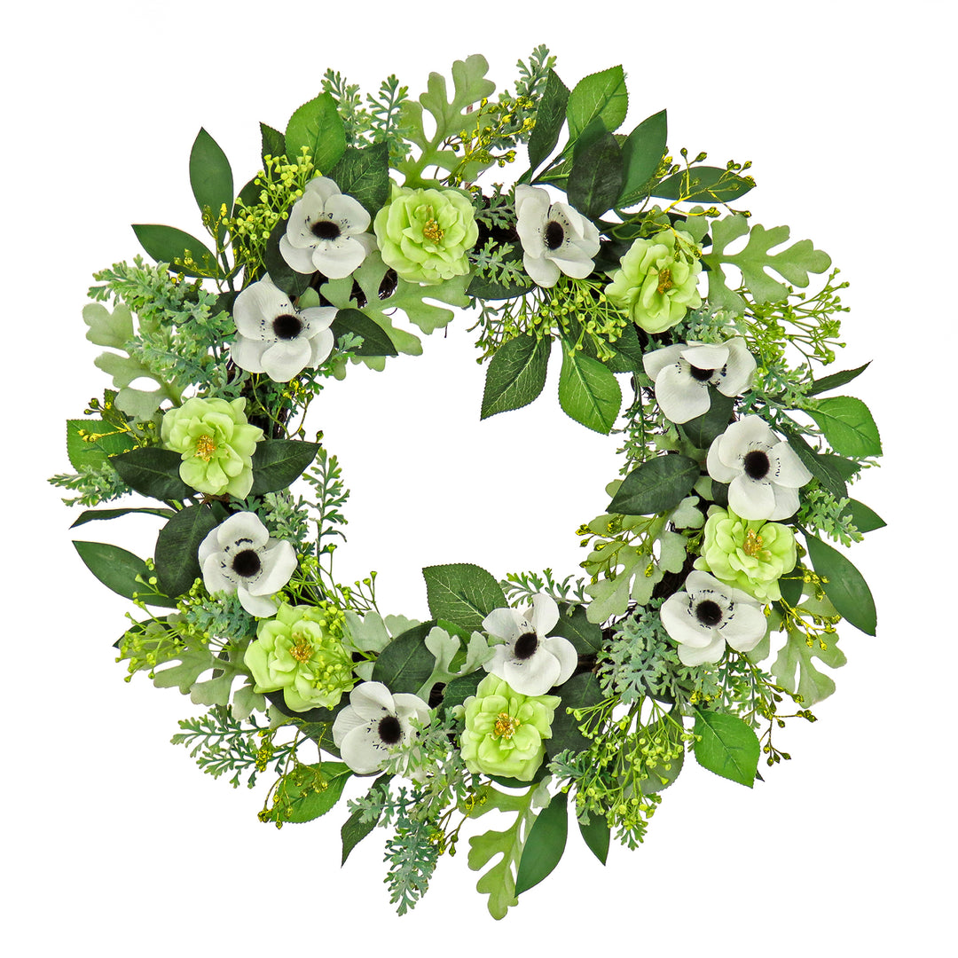Artificial Spring Wreath, Woven Branch Base, Decorated with Rose and Anemone Flower Blooms, Leafy Greens, Spring Collection, 24 Inches