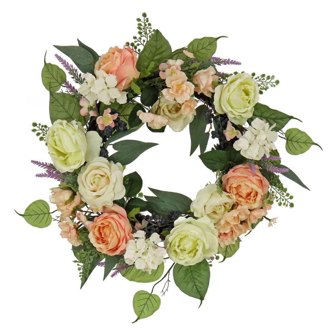 Artificial Spring Wreath, Woven Branch Base, Decorated with Rose and Peony Flower Blooms, Leafy Greens, Spring Collection, 24 Inches