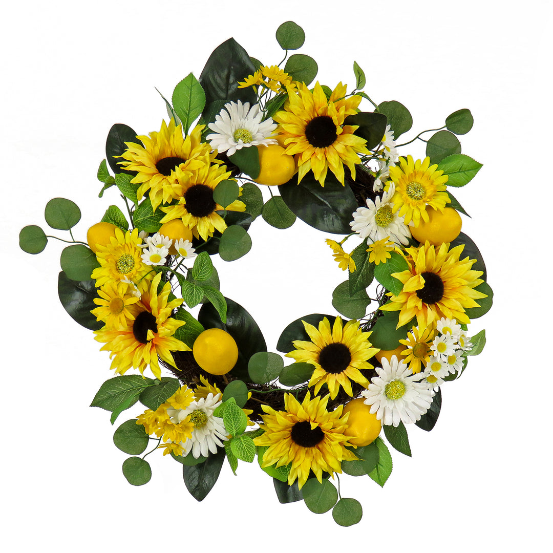 Artificial Spring Wreath, Woven Branch Base, Decorated with Daisy and Sunflower Blooms, Lemons, Leafy Greens, Spring Collection, 24 Inches