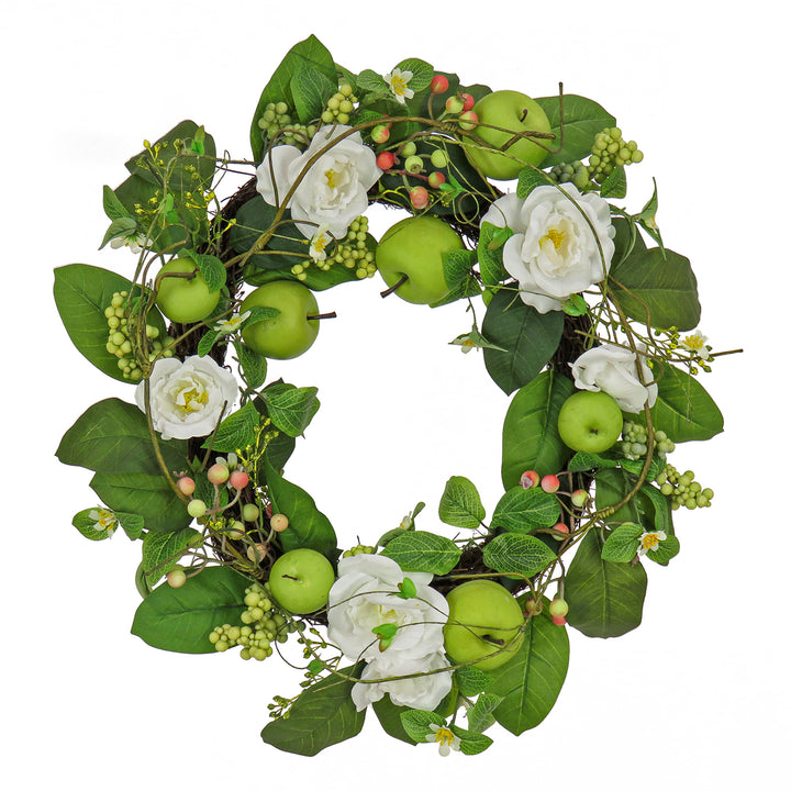 Artificial Spring Wreath, Woven Branch Base, Decorated with Rose Blooms, Apples, Leafy Greens, Spring Collection, 24 Inches