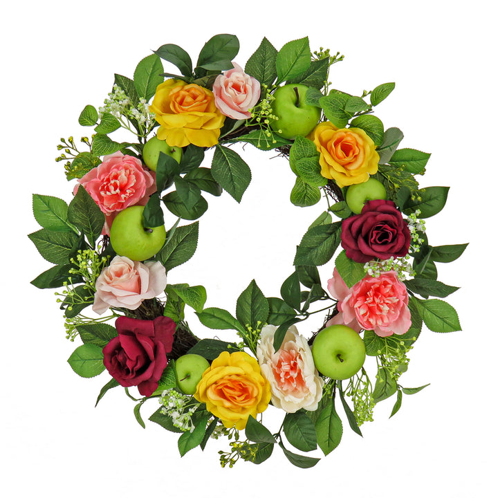 Artificial Spring Wreath, Woven Branch Base, Decorated with Rose and Peony Blooms, Apples, Leafy Greens, Spring Collection, 22 Inches